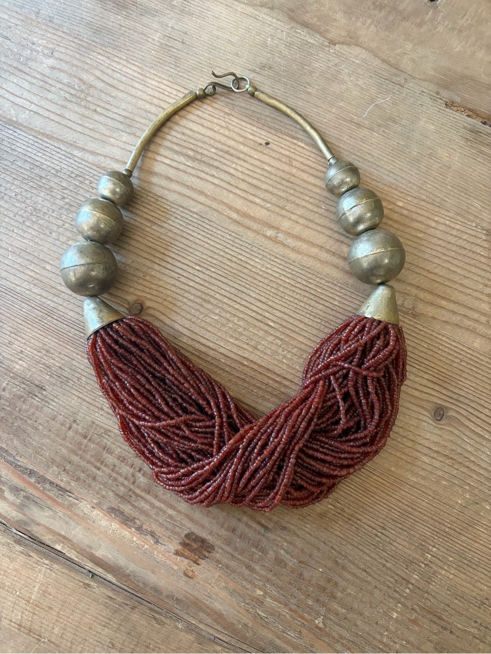 Vintage Artisan Red/Rust Glass Seed Bead Multi Strand Statement Bib Necklace